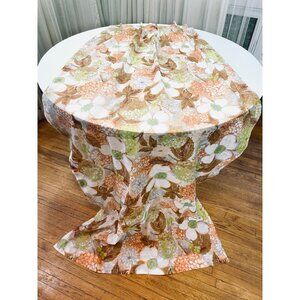 Vintage 70s sheer curtain, white, orange, green, single pleated floral panel